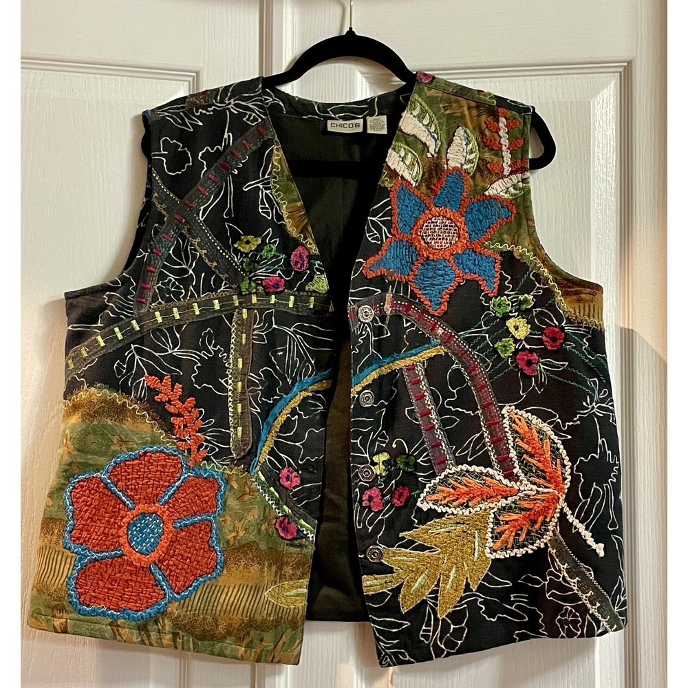 Chico's Vest Womens 3 Multicolor Floral Embroidered Button Front Lined Boho